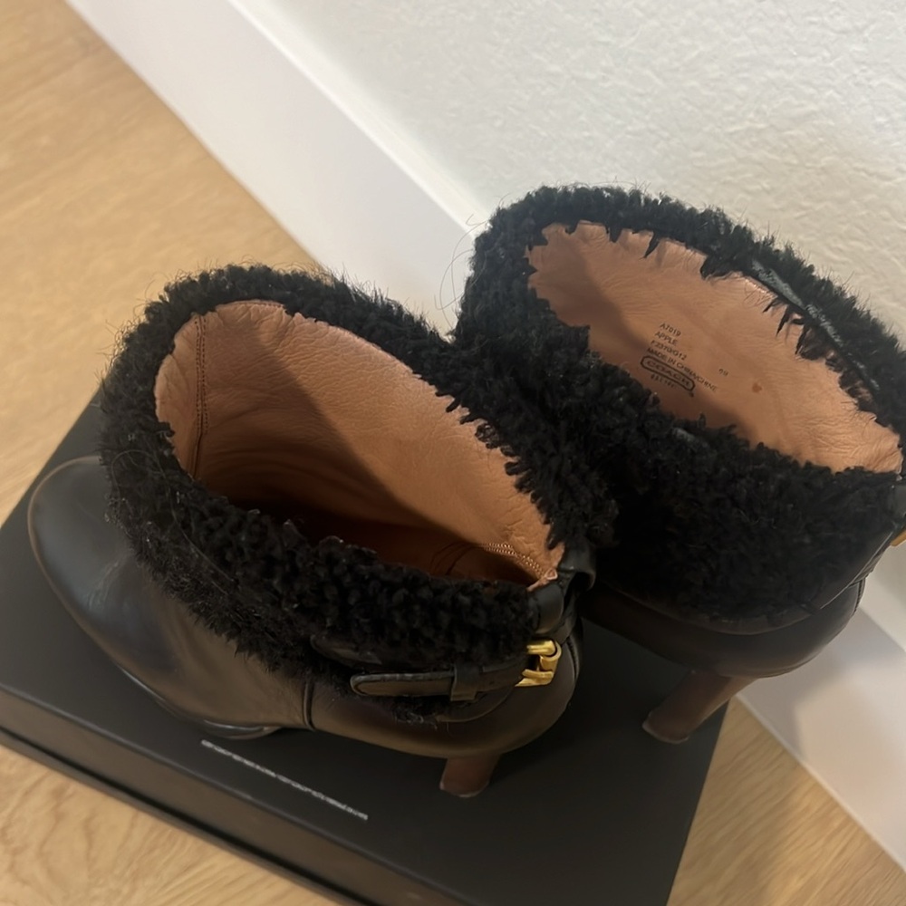Coach black heeled platform booties w shearling ankles. Size 6 - Picture 3 of 10